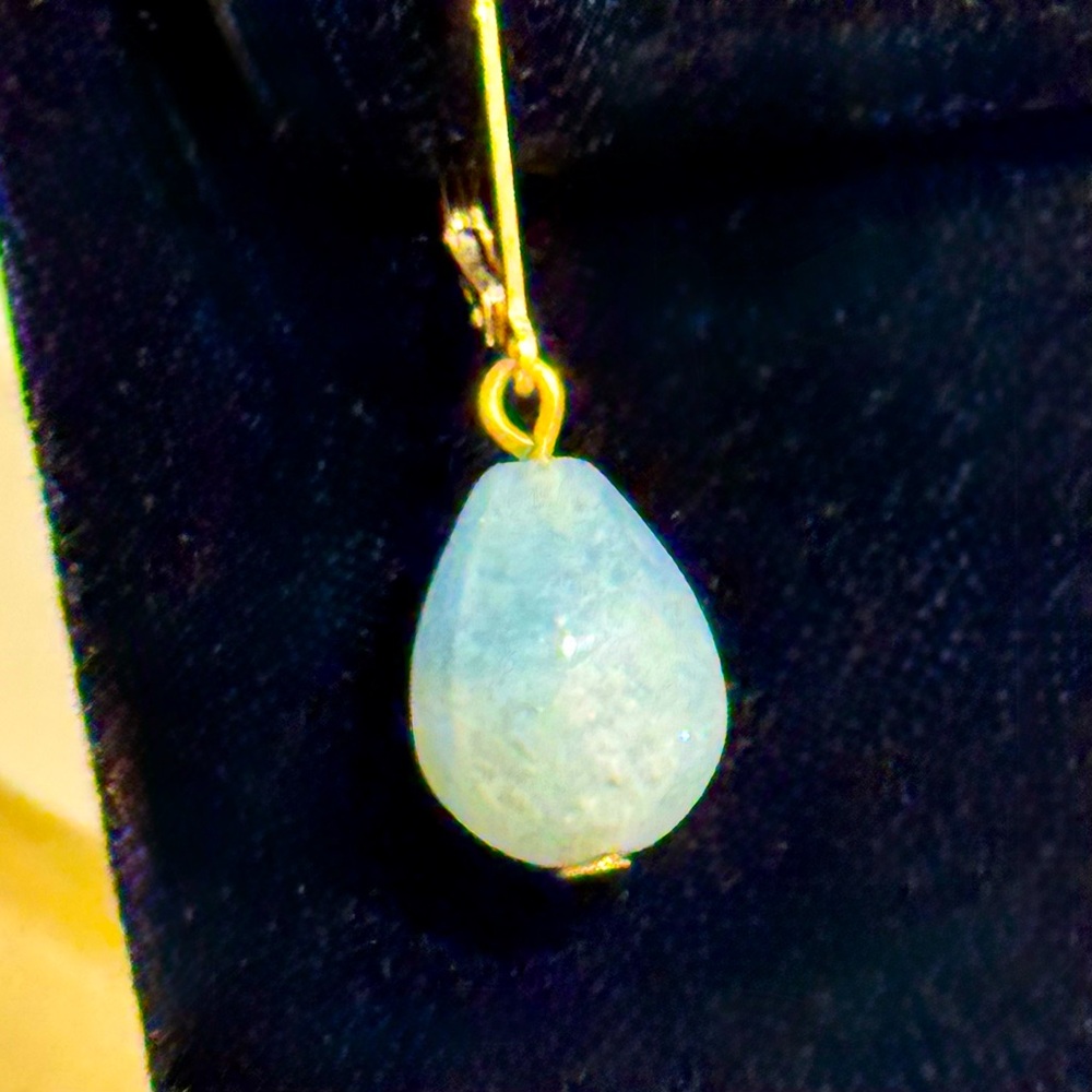 Blue Chalcedony and Gold Leaver Back Drop Dangle Earrings Natural Stones - Picture 6 of 7